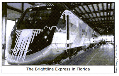 Photograph of the Brightline Express, a sleek modern train, inside a station in Florida. Credit: Bloomberg/Contributor